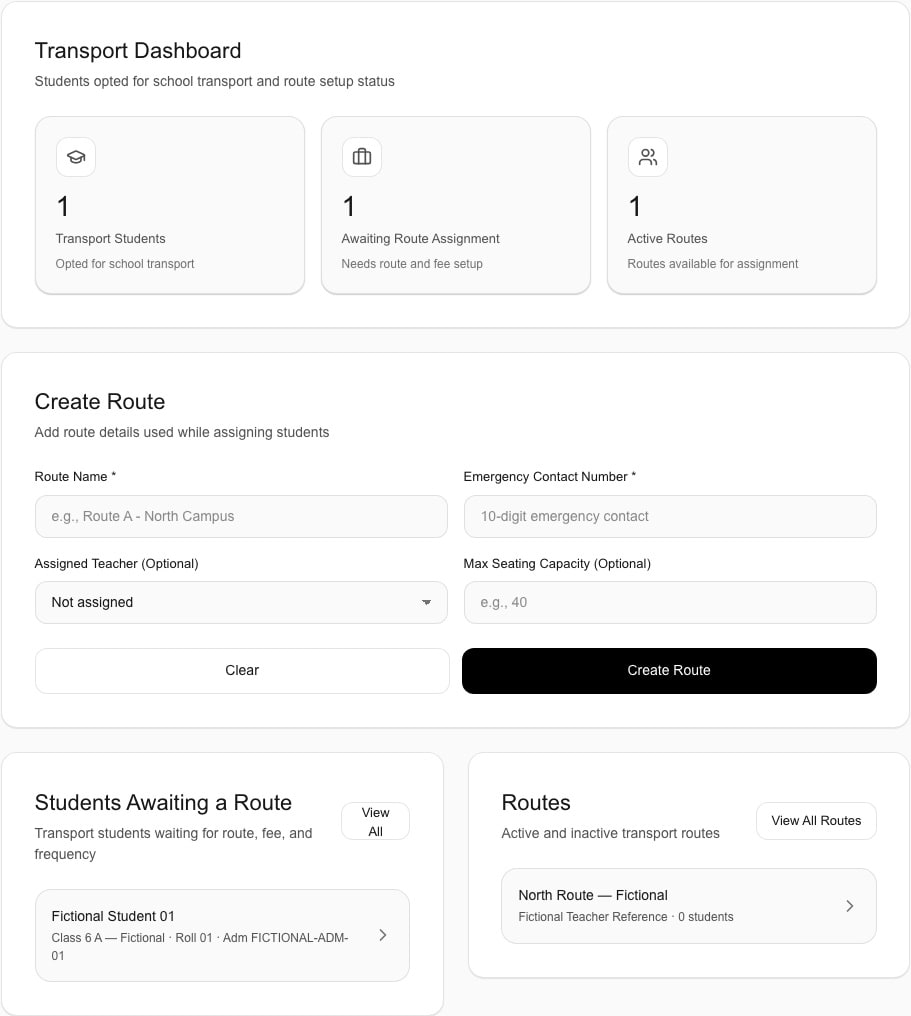 Focused Schylva administrator transport overview using fictional school data
